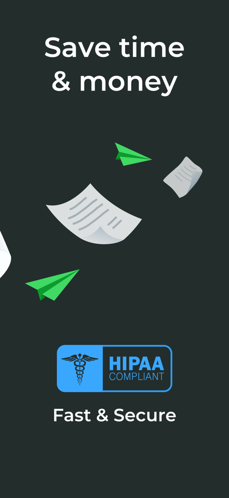 Promotional graphic for HIPAA compliant mobile fax app showing fast and secure document transmission with paper airplane icons.