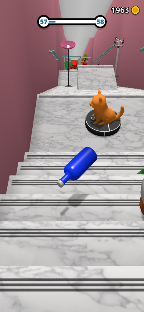 Rolling Down Bottles - Gameplay of Rolling Down Bottles showing a blue bottle falling down marble stairs near a cat on a robot vacuum.