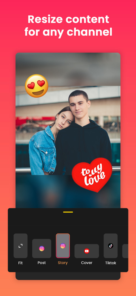 Quick Edit: Video，Photo Editor - Mobile app screen showing photo resizing options for Instagram Story and TikTok with stickers and blurred background