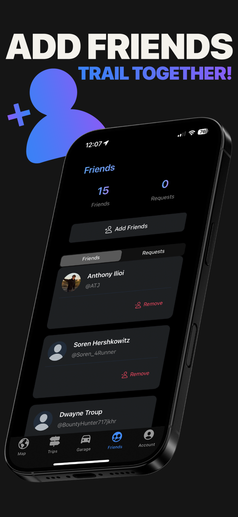 Offroadin’: Trail Maps & GPS - A mobile screen showing the friends list and add friends feature in the Offroadin app for trail navigation