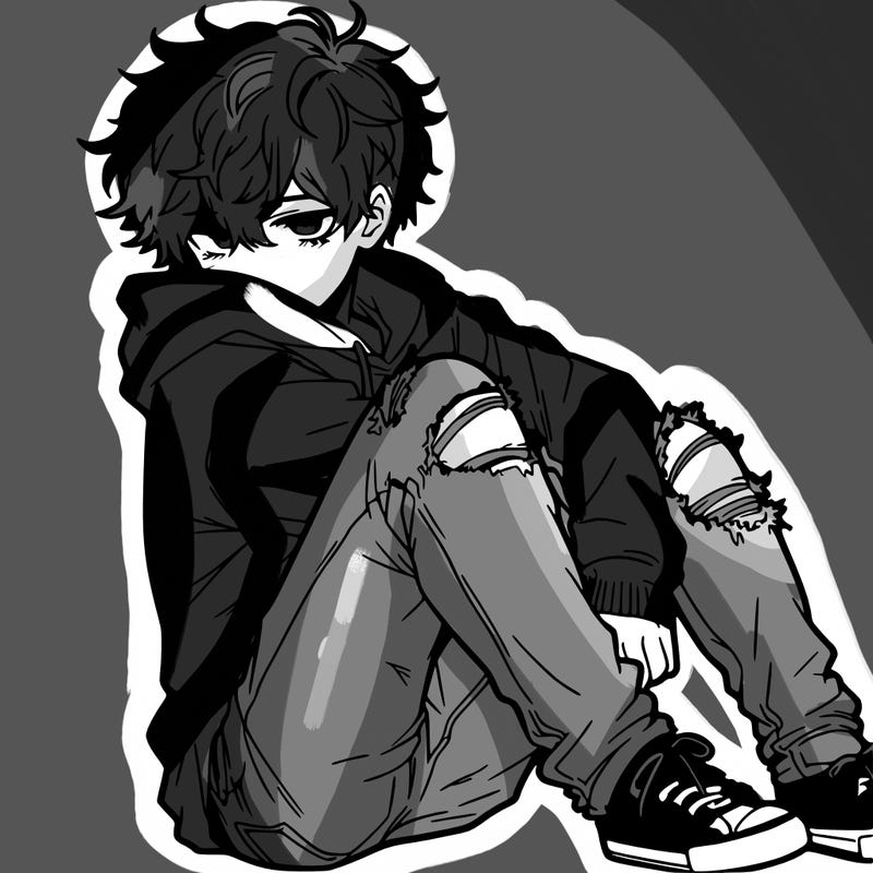 a male hoddie ripped jeans messy hair anime