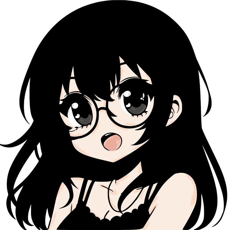 anime girl with black hair and blue glasses
