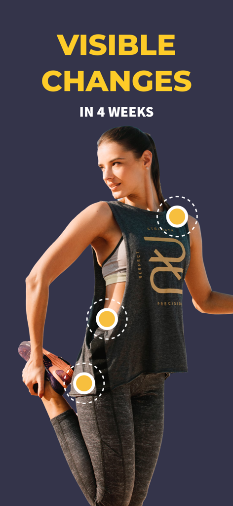 MoveBody – All-in-One Fitness - Promoción de la aplicación de fitness MoveBody mostrando a una mujer estirándose y texto sobre resultados visibles en 4 semanas