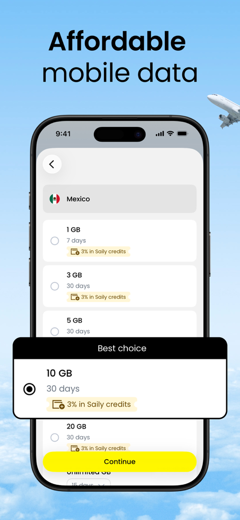 Interface de l'application Saily eSIM affichant des forfaits de données mobiles abordables pour les voyages au Mexique.