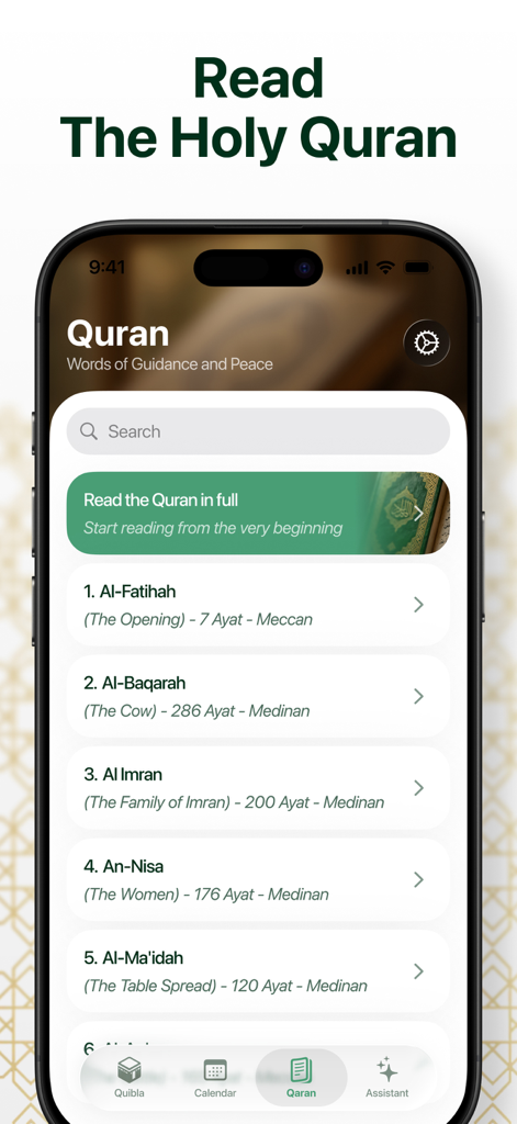 Qibla Finder & Mecca Compass - Interface de lecture du Coran de l'application Qibla Finder affichant une liste de sourates comme Al-Fatihah et Al-Baqarah
