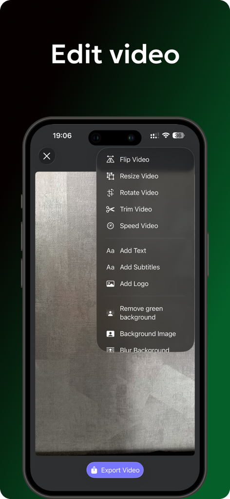 Teleprompter Automatic - Écran de smartphone montrant le menu d'édition vidéo avec des options comme redimensionner, couper et sous-titrer dans l'application Téléscripteur Automatique.