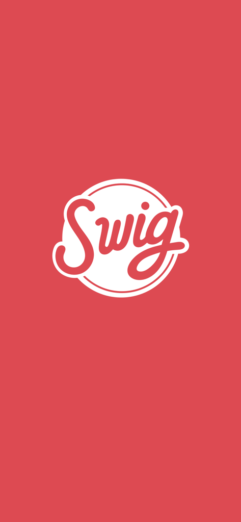Swig Drinks app splash screen with white logo on a red background