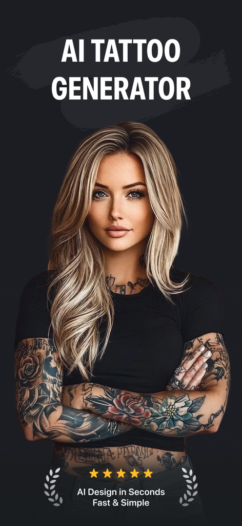 InkGen: Tattoo AI Design Maker - Eine blonde Frau mit künstlerischen Sleeve-Tattoos, die KI-generierte Tattoo-Designs zeigt