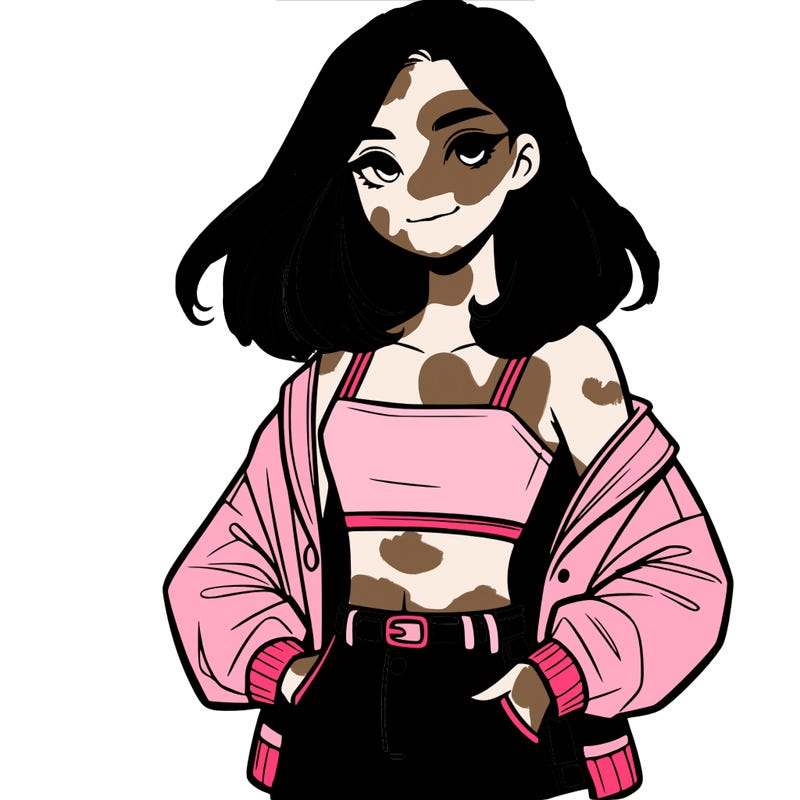 a realistic girl with a crop top and short shorts in an open jacket