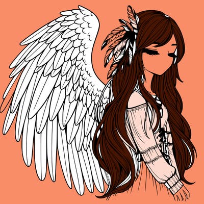 realistic girl with bird wings and some feathers in her hair