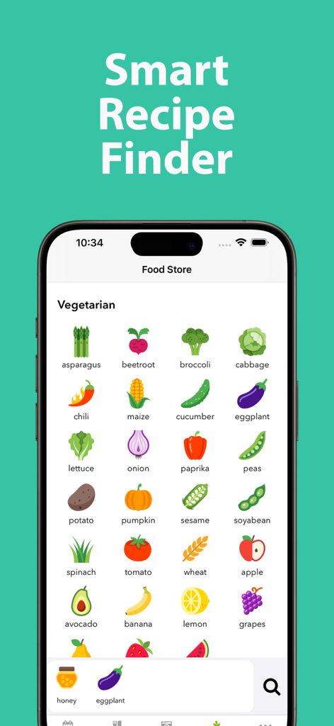 Weight Loss Recipe Book - Smart recipe finder screen showing icons of various vegetables and fruits for ingredient based searching