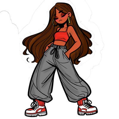 girl in baggy pants crop top and long hair