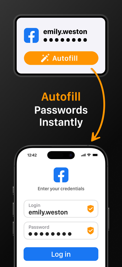 SafeInCloudアプリがモバイルデバイスのログイン画面でパスワードの自動入力を実演