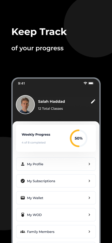 Glory GYM - Glory GYM app interface displaying user profile and weekly fitness progress chart