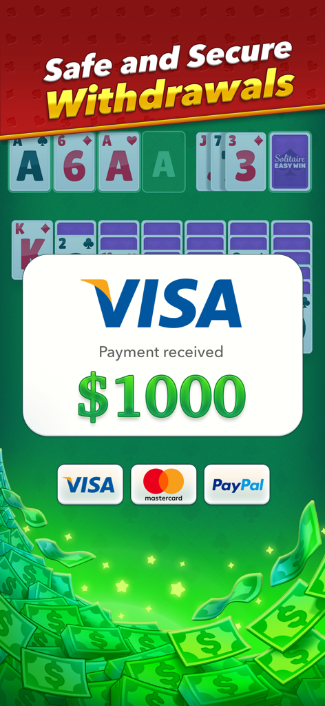 EasyWin: Solitaire & Real cash - Captura de tela do EasyWin Solitaire mostrando um saque em dinheiro de mil dólares via Visa.