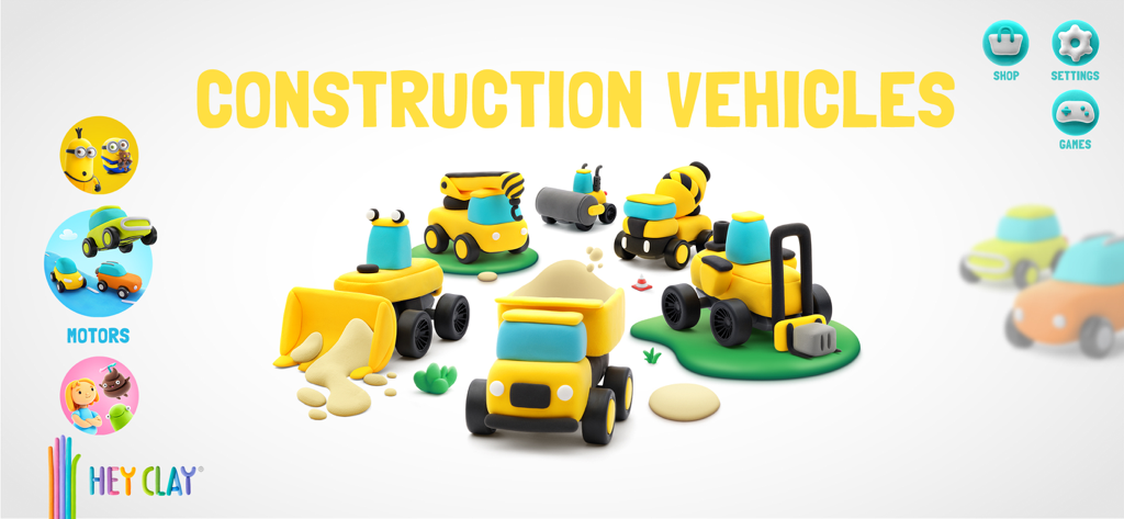 HEY CLAY® - HEY CLAY app screen showing the construction vehicles clay modeling set with several yellow and blue toy trucks