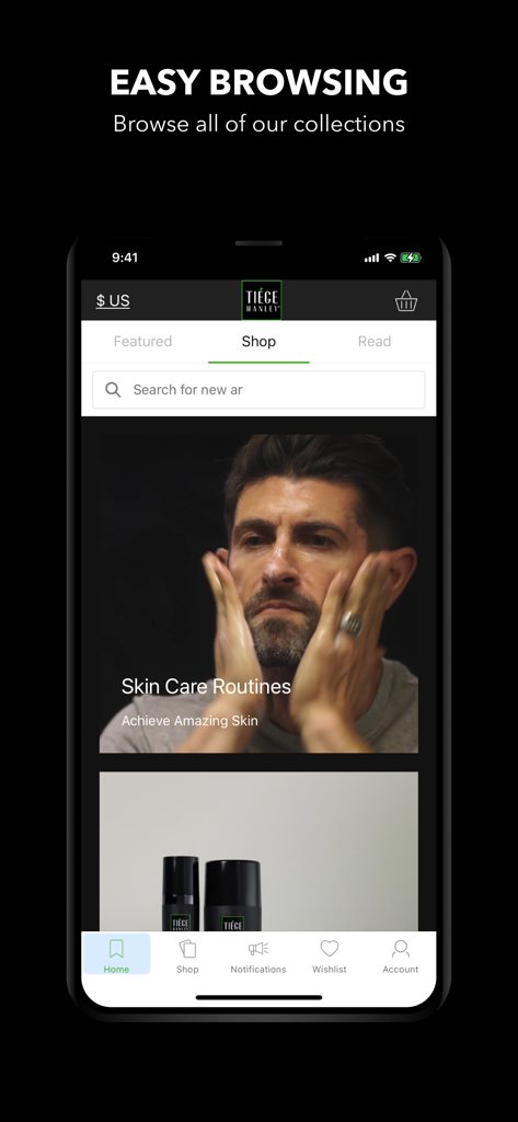 Tiege Hanley - Der Shop-Bildschirm der Tiege Hanley Mobile App zeigt Hautpflege-Routinen für Männer mit einer einfachen Browsing-Oberfläche.