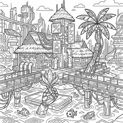 Step into a world where tropical serenity meets high-tech futurism with this captivating Cyberpunk Resort Island coloring page. Unleash your creativity on this intricate scene, blending lush island elements with advanced robotic details and glowing outlines.