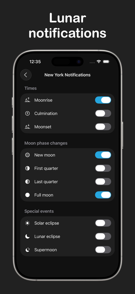 Moon Phase Calendar & Tracker - 月出、月相、特別な天体現象のカスタマイズ可能な通知設定を示す月齢トラッカーアプリインターフェイス