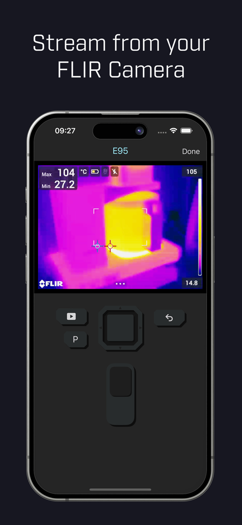 A smartphone displaying a live thermal video stream with temperature data from a FLIR camera