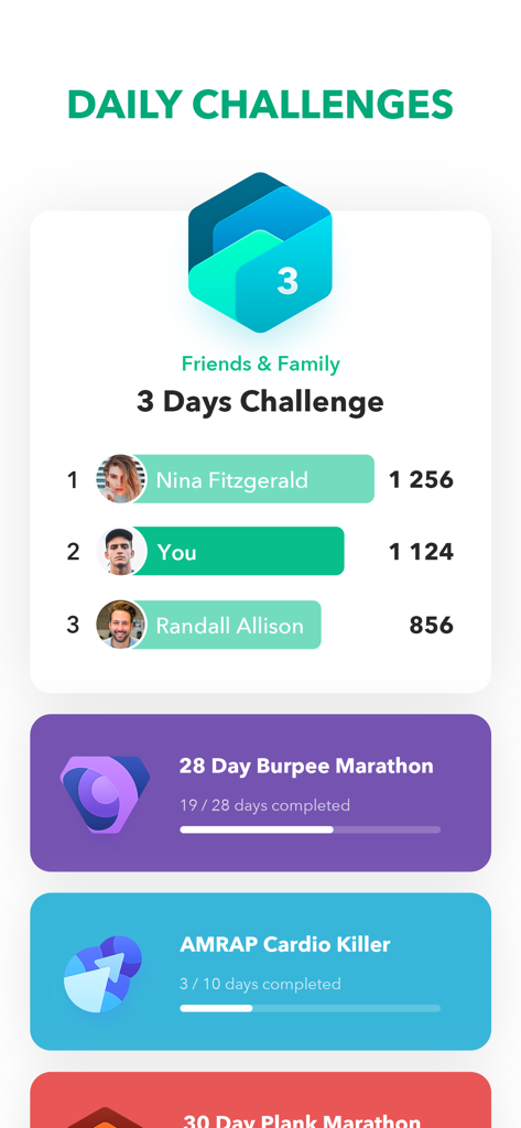 GetFit app Daily Challenges screen featuring a leaderboard with friends and ongoing fitness marathons