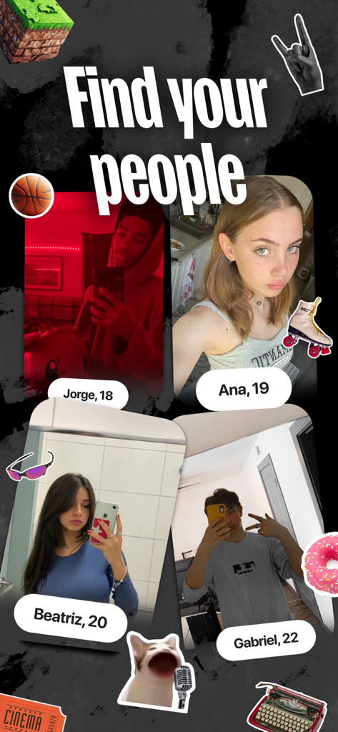 purp - Make new friends - Quattro schede profilo di giovani adulti sull'app purp con il testo Trova la tua gente