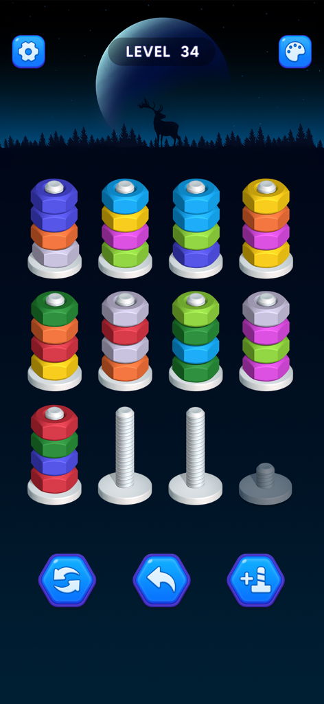 Level 34 of Nut Sort game showing colorful nuts stacked on silver bolts against a night sky background