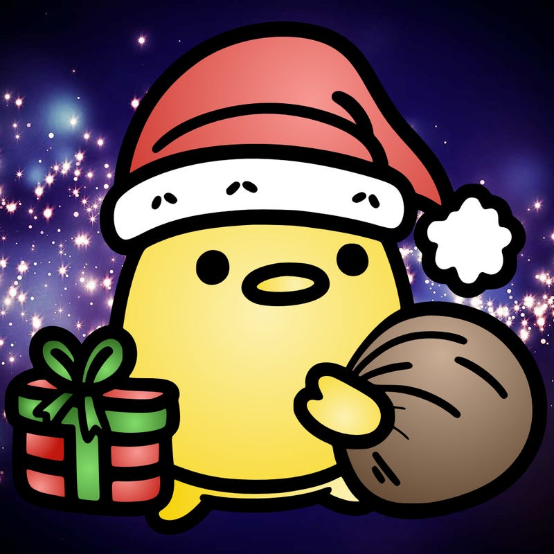 gudetama with santa hat holding a bag of presents