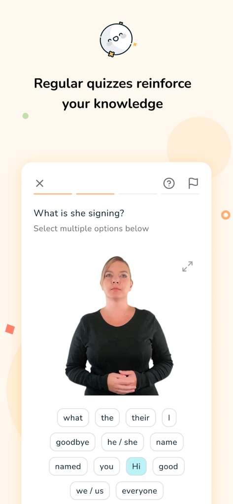 Quiz interface in the Bright BSL app showing a native instructor signing a word with multiple choice options for the user to select