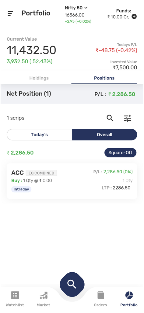 Mobile Benutzeroberfläche der WellTrade App, die ein Aktienportfolio mit Anlage- und aktuellen Marktpositionen anzeigt