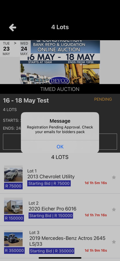 Devco Online - Interface of Devco Online app showing vehicle auction lots and a registration pending notification.