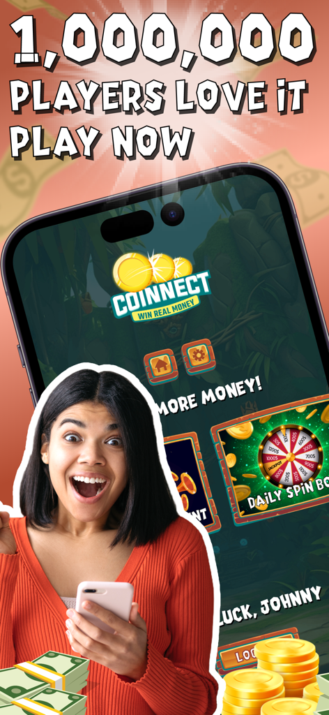 An excited woman holding a smartphone with the Coinnect Pro app showing a daily spin wheel and cash prizes