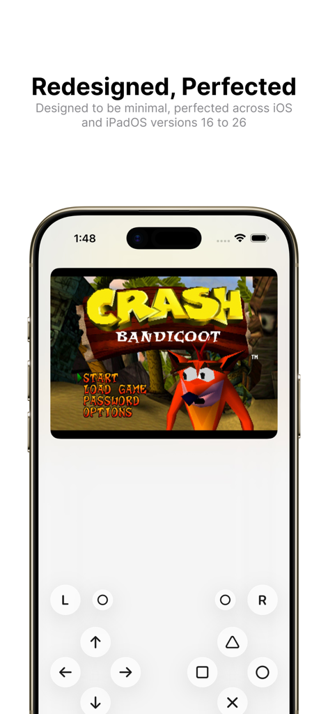 Folium emulator app running Crash Bandicoot on an iPhone with virtual PlayStation controls