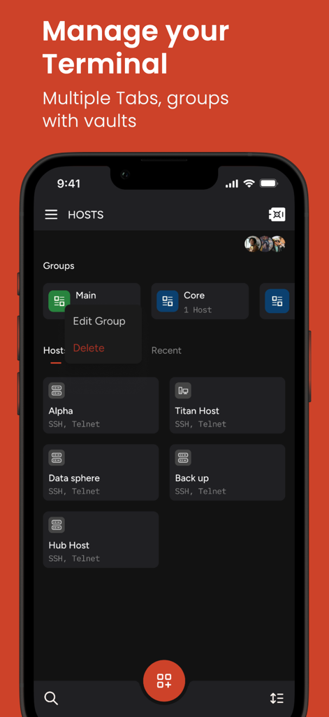 Terminal - SFTP & SSH Client - Mobile app screen showing organized SSH host groups and server connections