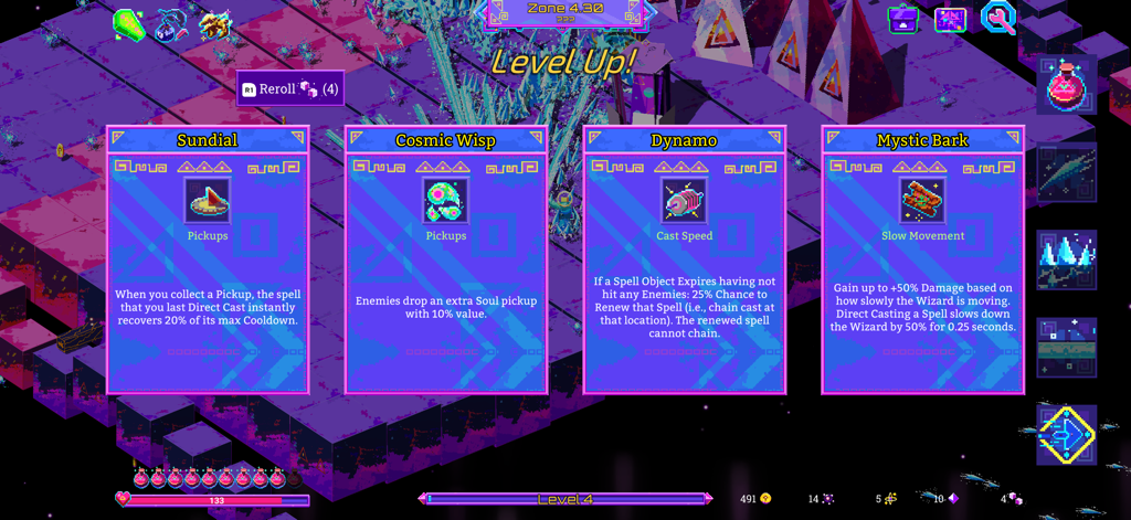 Neon Spellstorm - Menú de subida de nivel de Neon Spellstorm mostrando cuatro cartas de mejora para que el jugador elija.