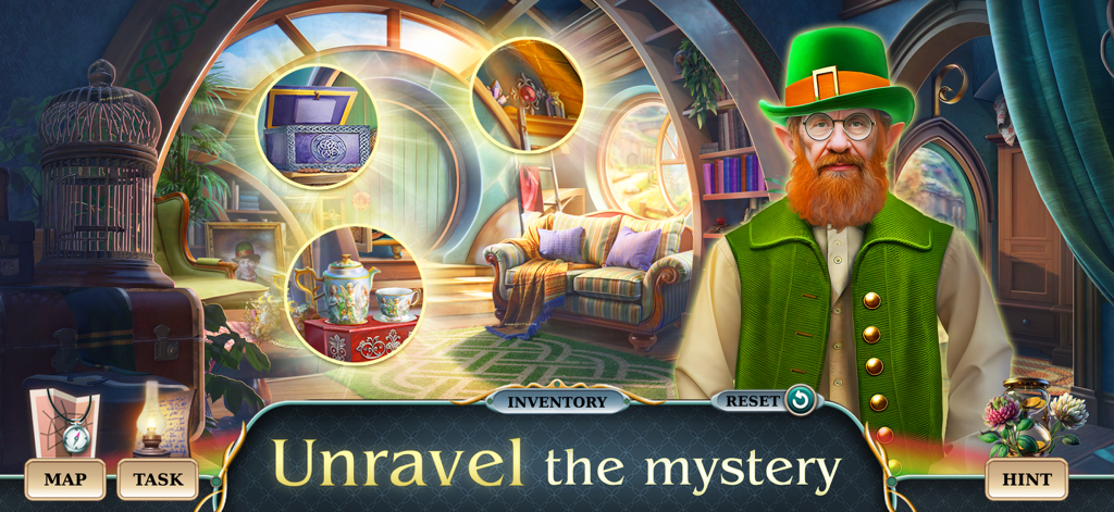 Lucky Season 2：Find the Object - Leprechaun character standing in a cozy hidden object puzzle room