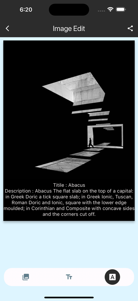 Screenshot der Architektur-Lexikon App, der die Definition und eine künstlerische Illustration für den Begriff Abakus zeigt.