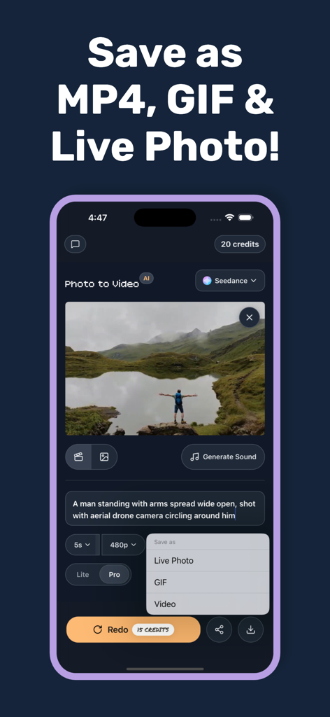 Mobile interface showing AI video export options for MP4 GIF and Live Photo formats