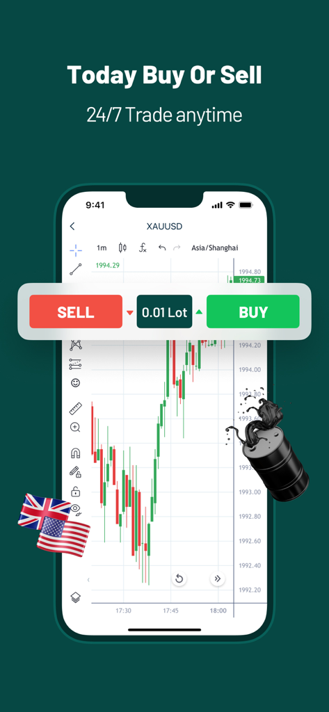Interfaz de la aplicación móvil Trade W mostrando un gráfico de velas de oro con botones de compra y venta.