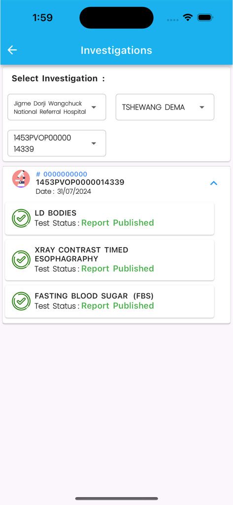 ePIS Patient App - The Investigations screen of the ePIS Patient App displaying medical test statuses and results