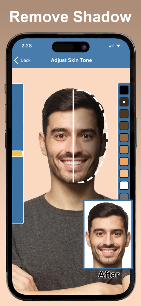 Skin Tone Booth - Face & Body - The Skin Tone Booth app interface showing a split view of a man's face before and after removing facial shadows