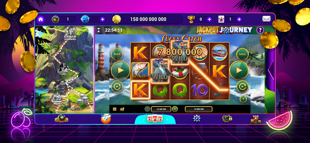 7REELZ - Capture d'écran du jeu de machine à sous Lucky Catch dans l'application 7REELZ montrant des rouleaux sur le thème nautique et une carte de progression