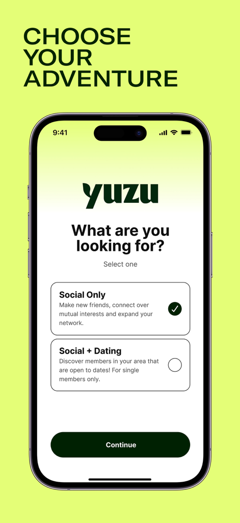 Yuzu app onboarding screen allowing users to choose between Social Only and Social plus Dating modes.