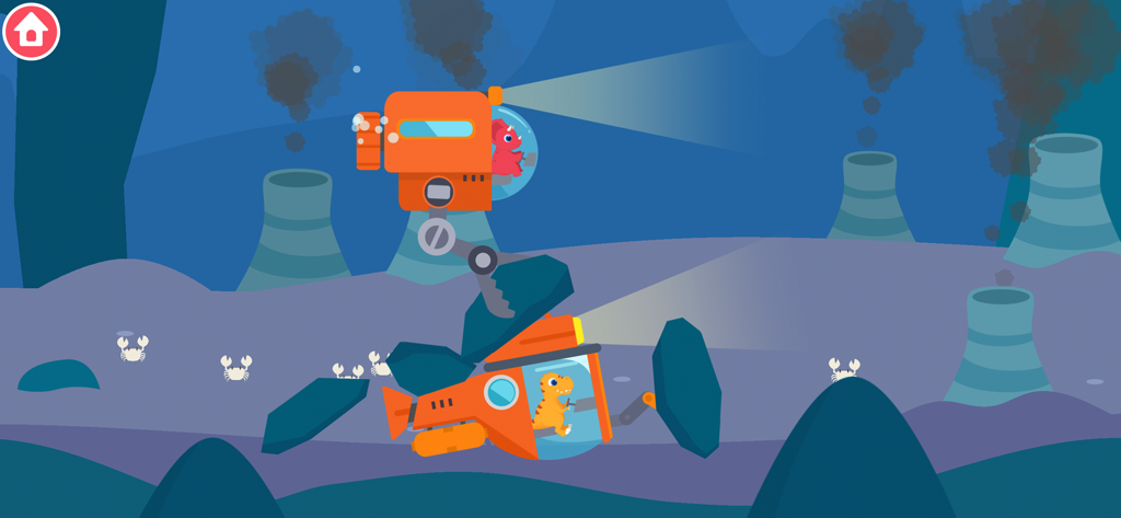 Deux dinosaures pilotant des sous-marins orange près de cheminées hydrothermales abyssales et de petits crabes sur le fond marin.