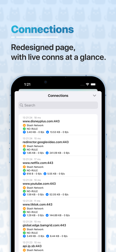 Painel de conexões de rede em tempo real no aplicativo proxy Stash