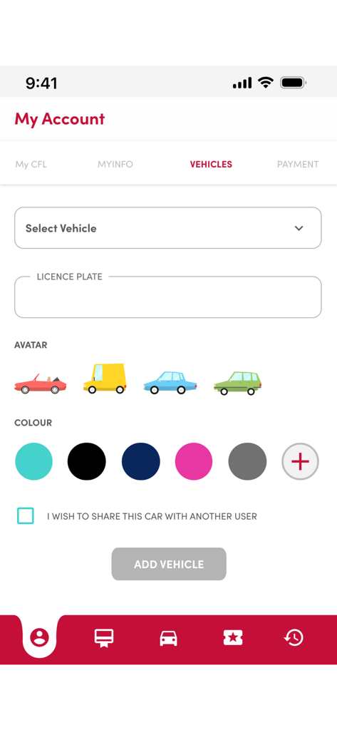 Pantalla de la aplicación móvil para añadir un vehículo con entrada de matrícula y personalización del avatar del coche