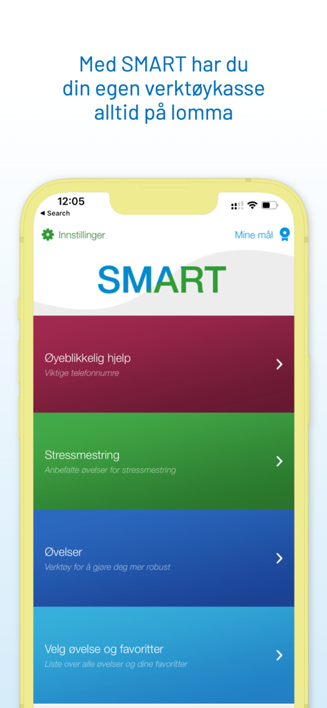SMART - verktøykasse fra RVTS - Startbildschirm der SMART-Stressmanagement-App mit Menüoptionen für sofortige Hilfe, Stressmanagement und Resilienzübungen