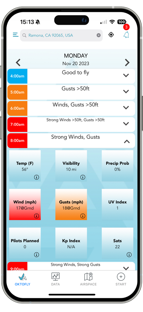 Airdata UAV app interface displaying drone flight weather conditions and OKtoFLY forecast.