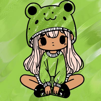 a girl wearing a frog hat and some frog socks