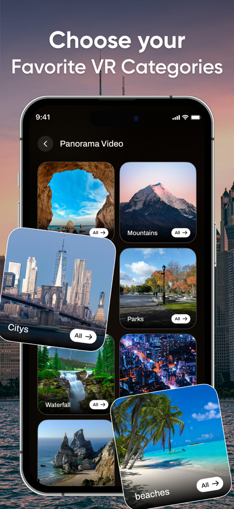 Interfaz de la aplicación VR Video Player para elegir categorías de viajes panorámicos como montañas y ciudades